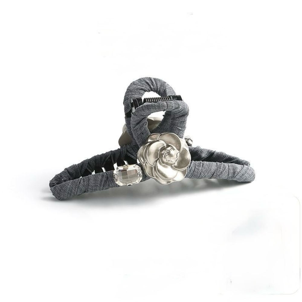Hair Clip #9 –Gray Fabric Hair Clip 4.25" with Flower Detail (New)